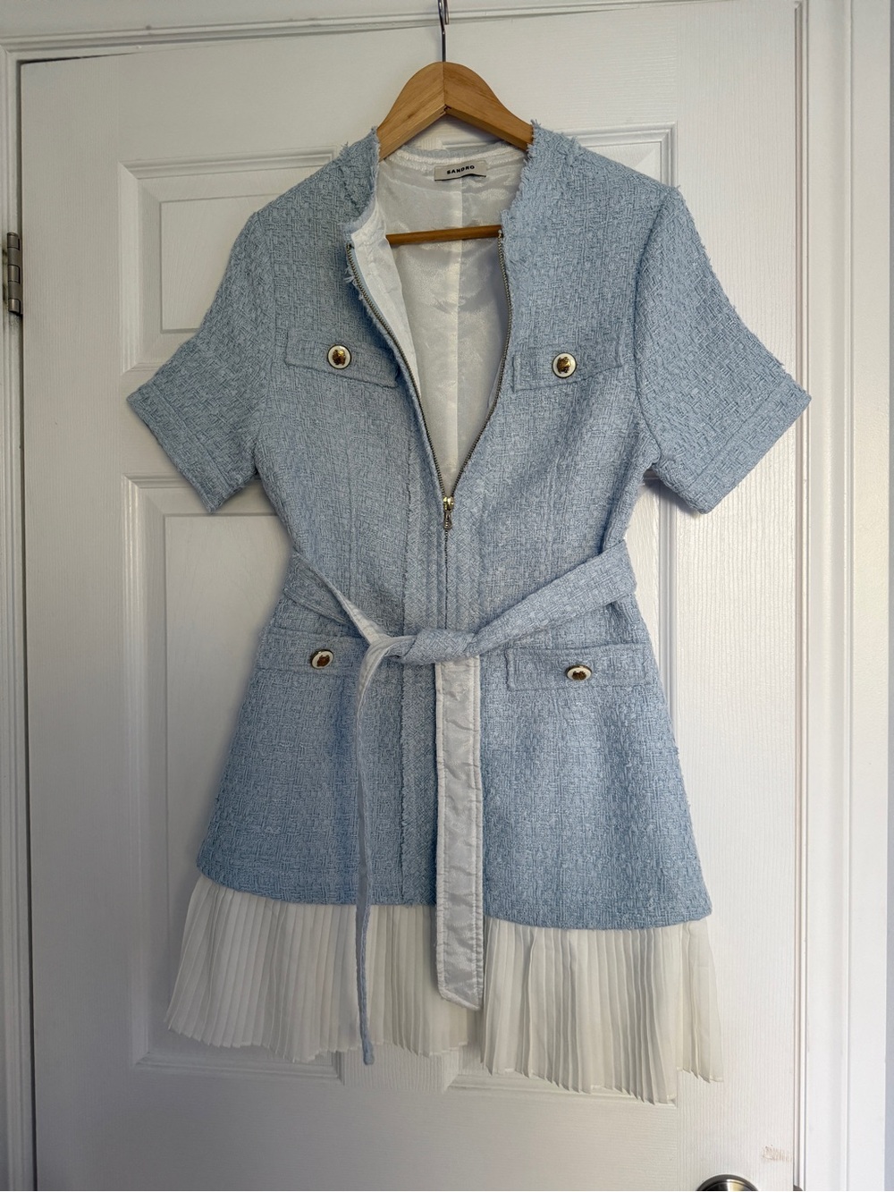 Sandro Paris Blue Tweed Pleated Mini Dress FR36, Belt Included, Good Condition